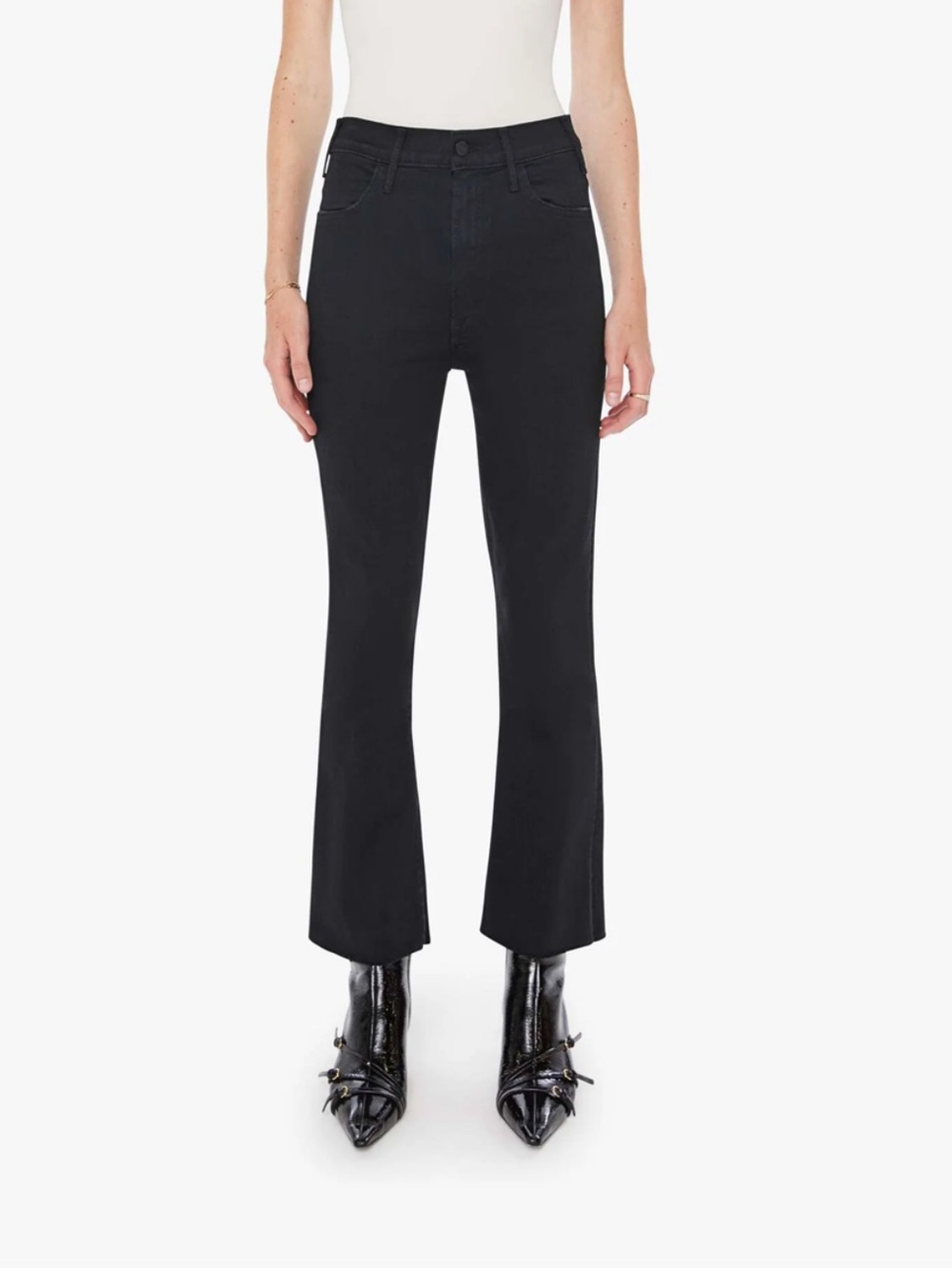 MOTHER The Hustler Ankle Fray Black Flare Jeans with Raw Hem